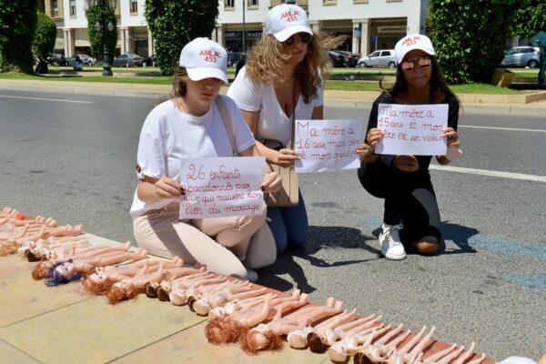 File photo: Demonstrators hold placards in front of dolls bearing the inscription "Article 453", near the parliament of the Moroccan capital Rabat on June 25, 2019, to protest against an abortion law. "Article 453", refers to a law which punishes the voluntary termination of pregnancy (abortion) with six months to five years of imprisonment except when the health of the mother is in danger. (AFP via Getty Images)