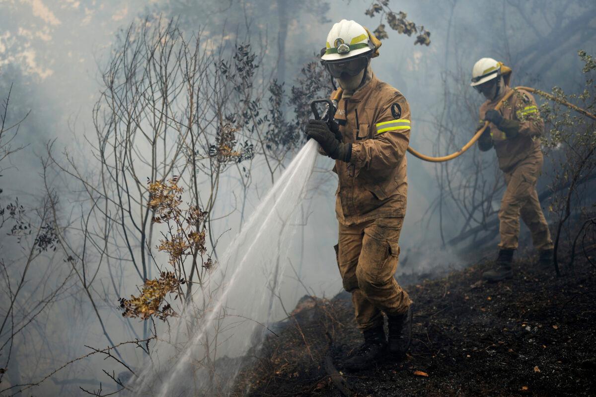 National Republican Guard firefighters put out a forest fire in the village of Rebolo near Ansiao central Portugal on, July 14, 2022. (Armando Franca/AP Photo)