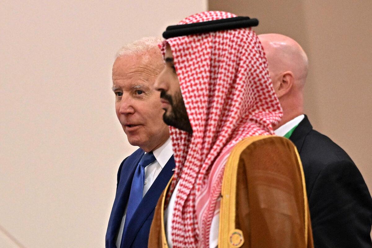 U.S. President Joe Biden and Saudi Crown Prince Mohammed bin Salman (front) arrive for a photo during the Jeddah Security and Development Summit (GCC+3) at a hotel in Saudi Arabia's Red Sea coastal city of Jeddah on July 16, 2022. (Mandel Ngan/AFP via Getty Images)