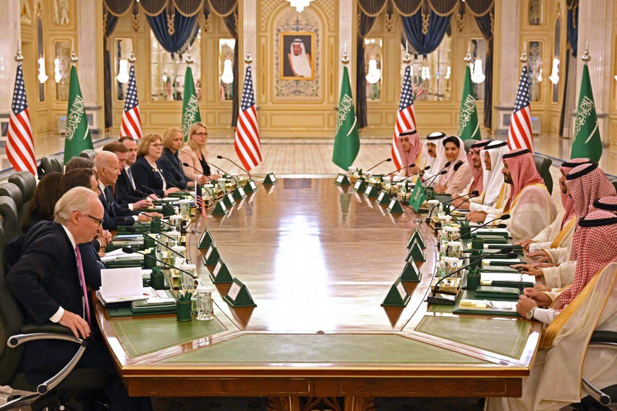 U.S. President Joe Biden (center L) takes part in a working session with Saudi Arabia's Crown Prince Mohammed bin Salman (center R) at the Al Salam Royal Palace in the Saudi coastal city of Jeddah, on July 15, 2022. (Mandel Ngan/AFP via Getty Images)