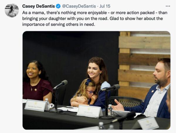 Florida's first lady, Casey DeSantis, participates in a roundtable discussion about her Hope Florida initiative with her 5-year-old daughter, Madison, in her lap on July 15, 2022. (Screenshot/Twitter)