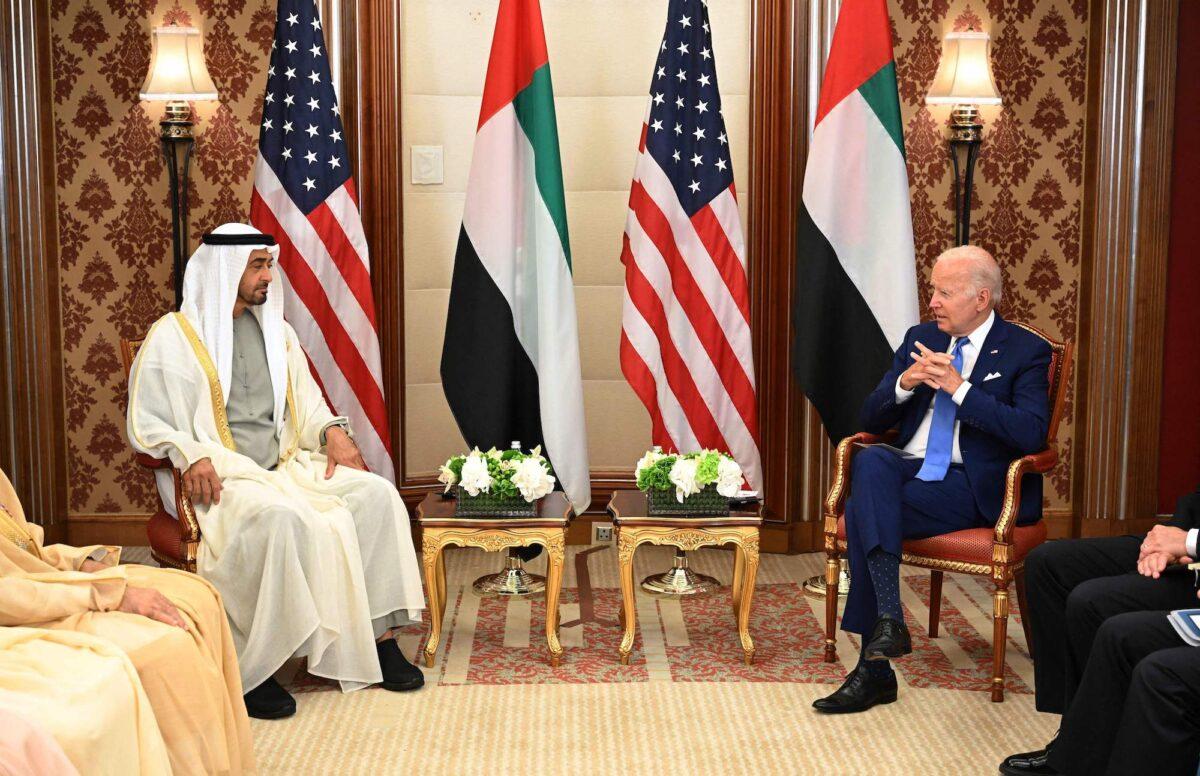 President Joe Biden (R) and UAE President Sheikh Mohamed bin Zayed al-Nahyan attend a bilateral meeting at a hotel in Jeddah, Saudi Arabia, on July 16, 2022. (Mandel Ngan/AFP/Getty Images)