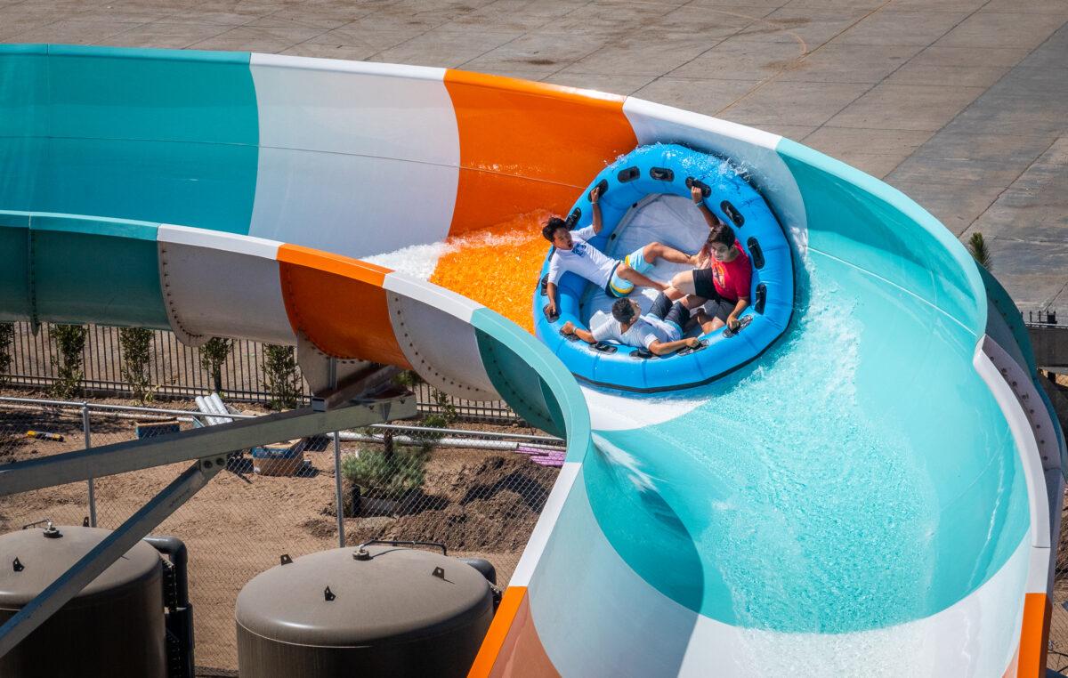 Guests enjoy the soft opening of Wild Rivers water park in Irvine, Calif., on July 14, 2022. (John Fredricks/The Epoch Times)