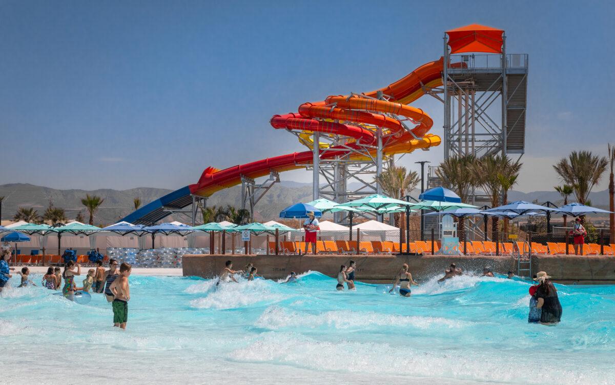 Guests enjoy the soft opening of Wild Rivers water park in Irvine, Calif., on July 14, 2022. (John Fredricks/The Epoch Times)