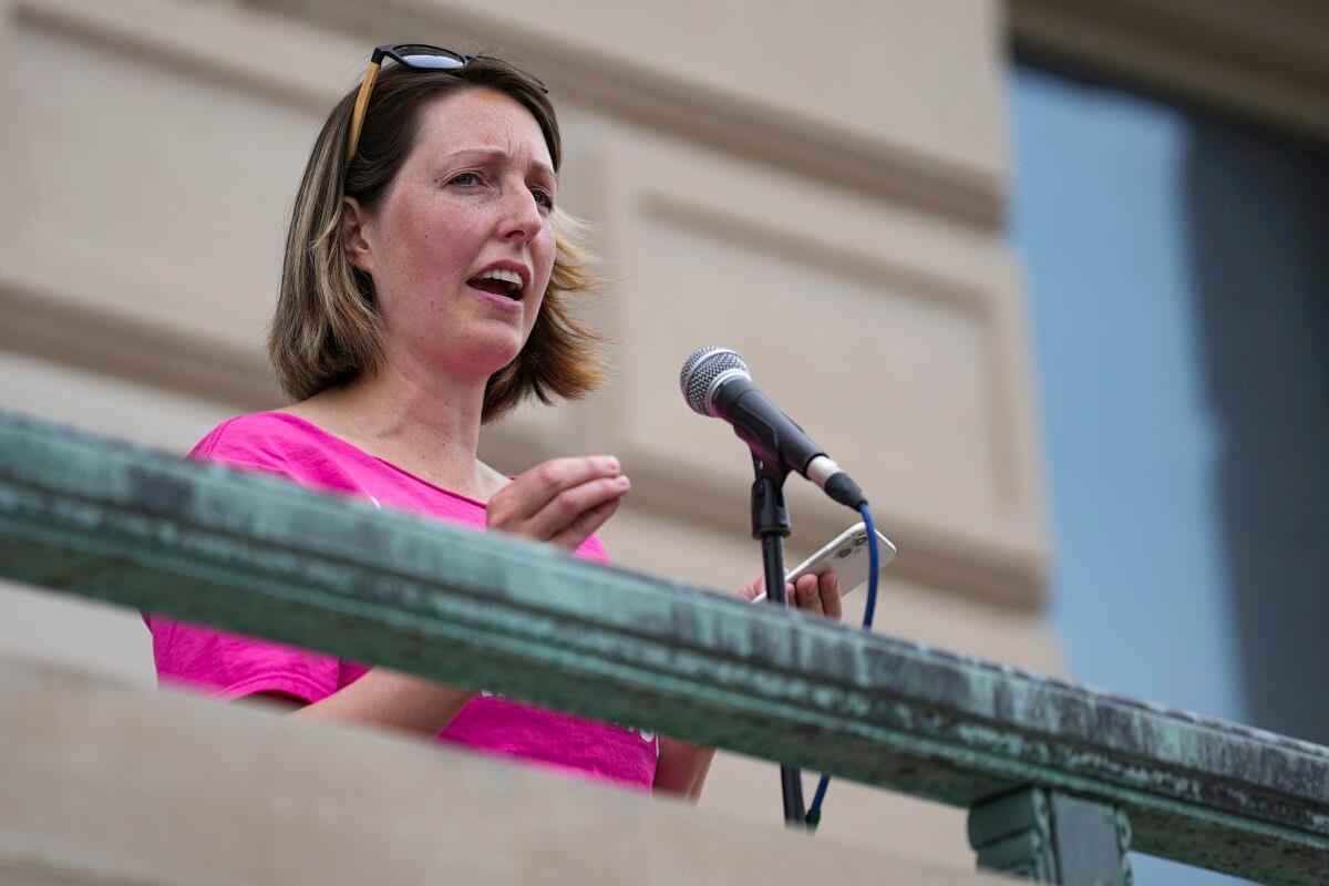 Indiana University Dr. Caitlin Bernard speaks during a rally in Indianapolis on June 25, 2022. (Jenna Watson/The Indianapolis Star via AP)