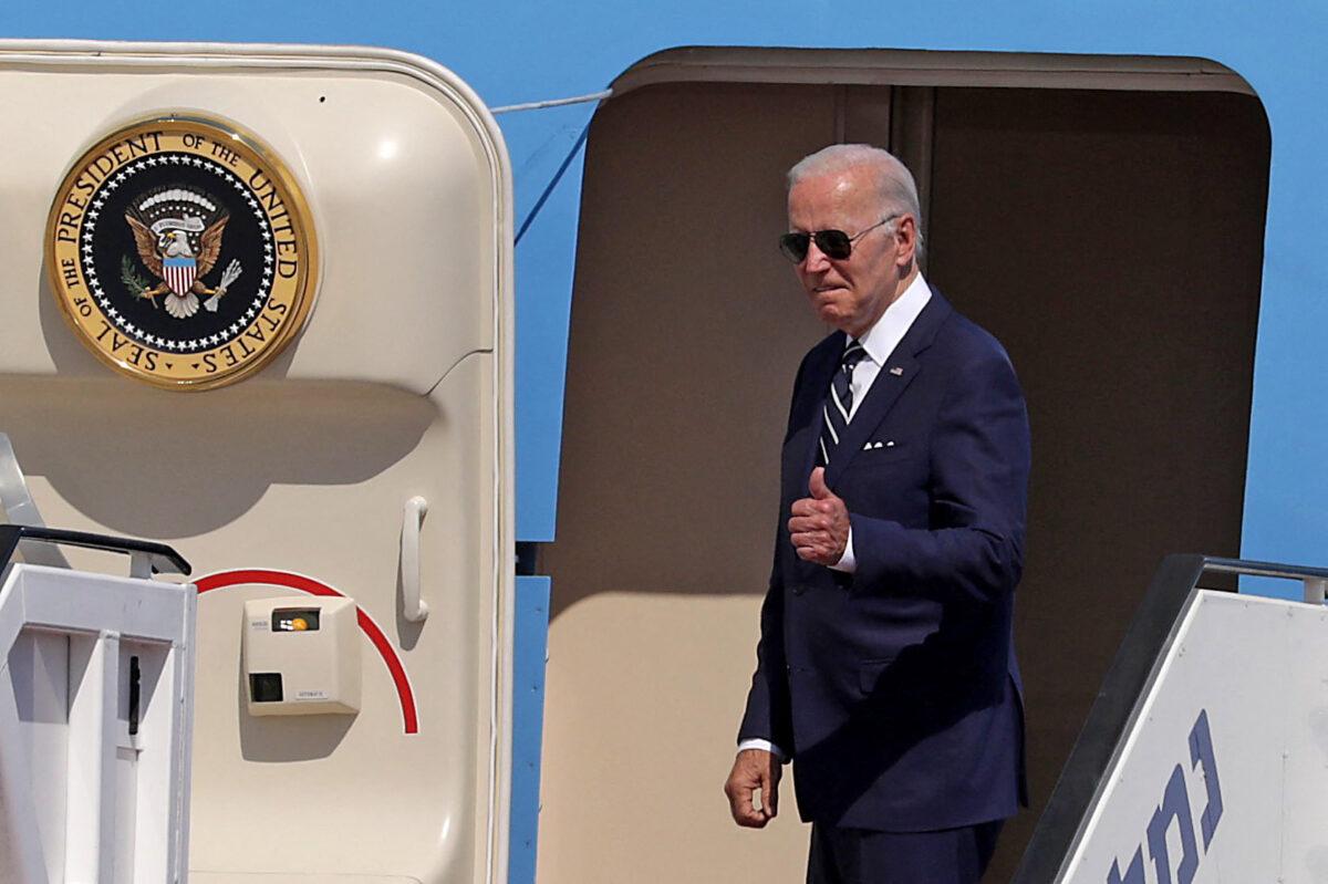 President Joe Biden gives a thumbs up before boarding Air Force One to depart Israel's Ben Gurion Airport on July 15, 2022. (Abir Sultan/AFP/Getty Images)