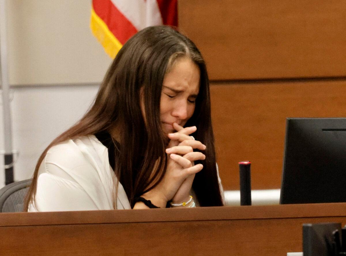 State witness Danielle Gilbert, who was a student at Marjory Stoneman Douglas High School, cries during direct examination in the penalty phase trial of Nikolas Cruz at the Broward County Courthouse in Fort Lauderdale, Fla., on July 18, 2022. (Carline Jean/Pool/AFP via Getty Images)
