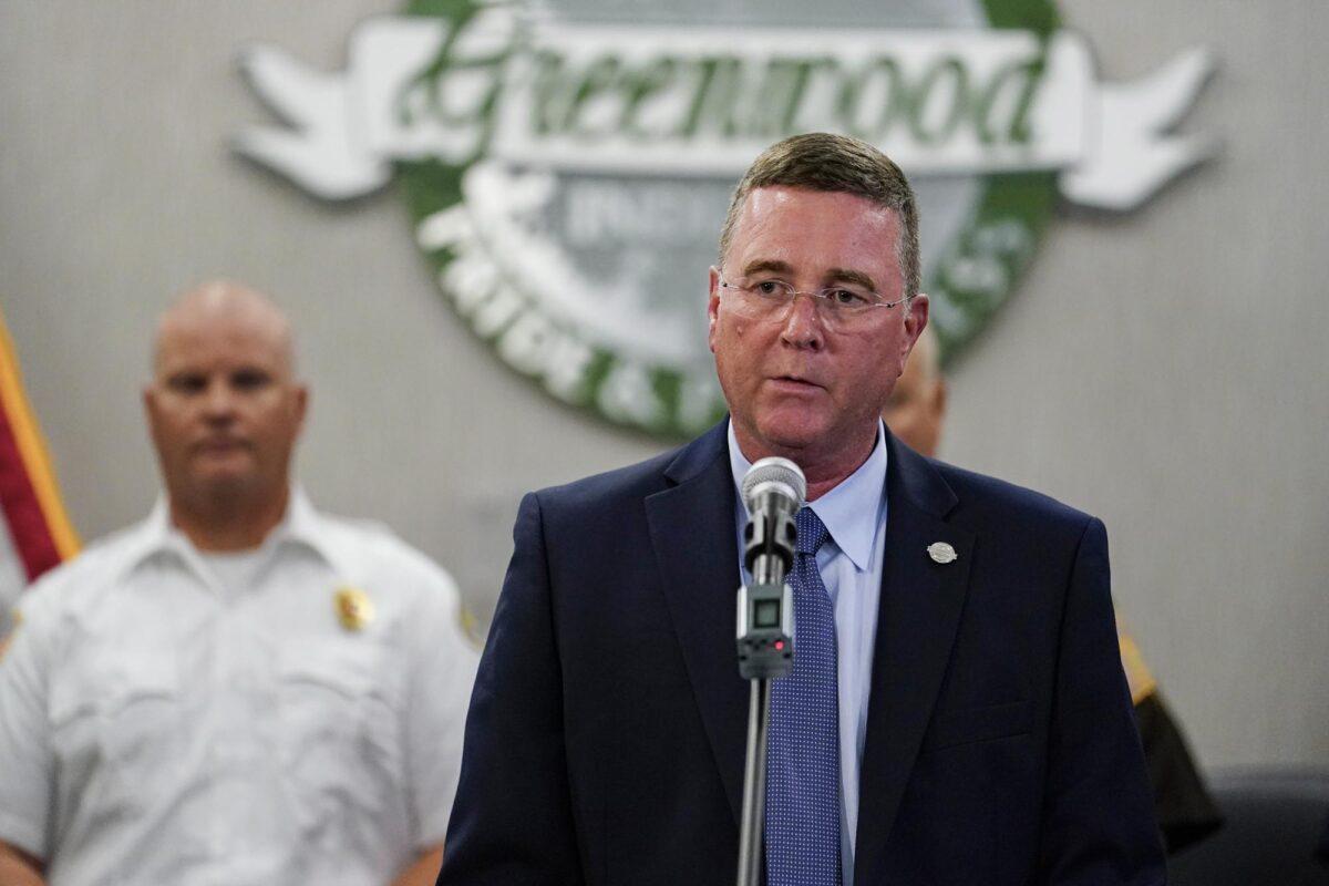 Greenwood Mayor Mark W. Myers speak during a press conference at the Greenwood City Center in Greenwood, Ind., on July 18, 2022. (Michael Conroy/AP Photo)