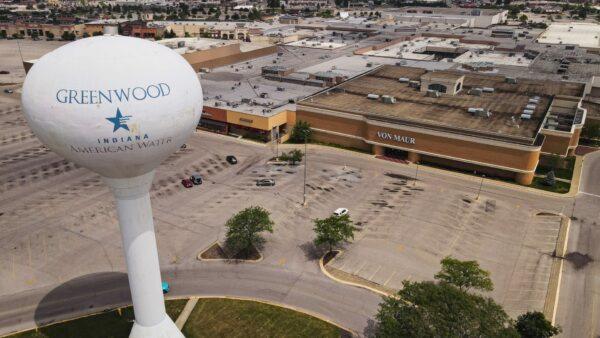 In this aerial view, a water tower is seen outside of the Greenwood Park Mall in Indiana on July 18, 2022. (Jon Cherry/Getty Images)