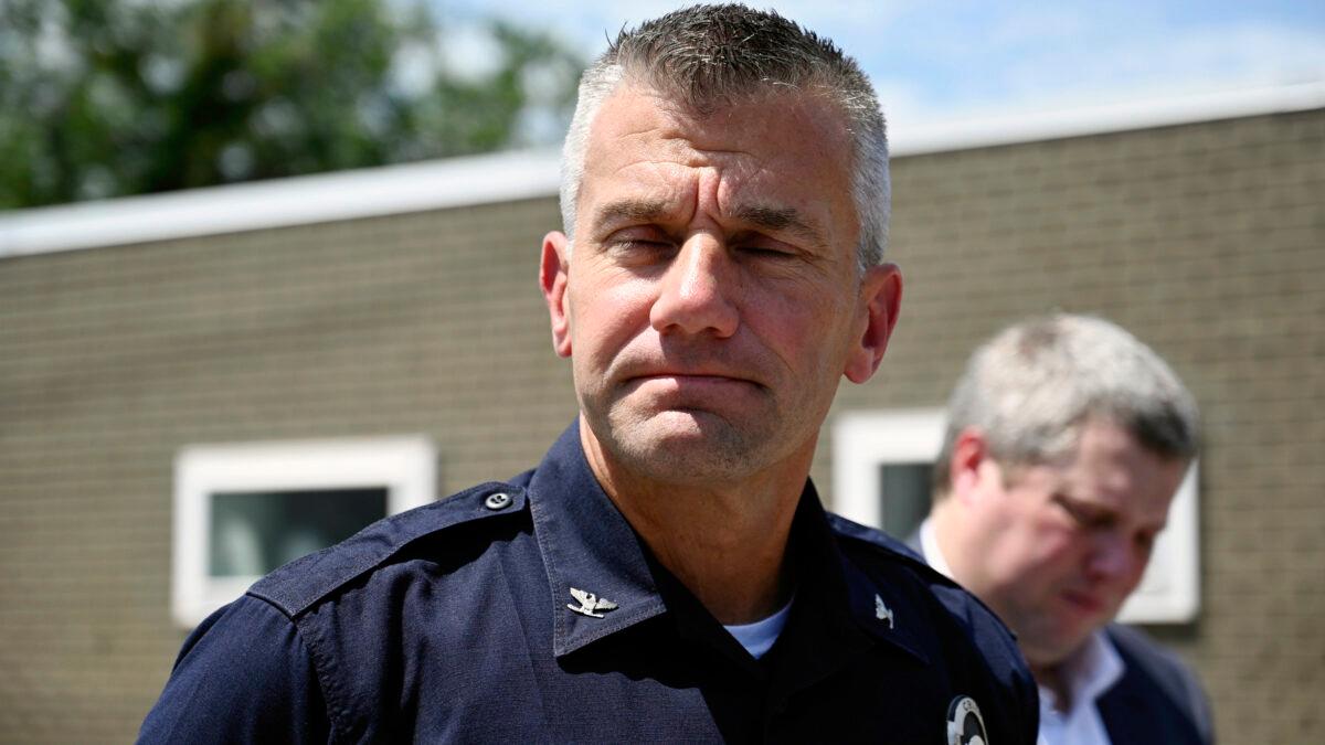 North Kansas City Chief of Police Kevin Freeman announces the death of Officer Daniel Vasquez, who was fatally shot during a traffic stop in North Kansas City, Mo., on July 19, 2022. (Tammy Ljungblad/The Kansas City Star via AP)