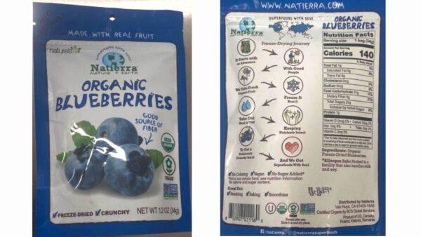Brandstorm Inc. voluntarily recalled two Natierra Organic Freeze-Dried Blueberries 1.2oz pouch products due to possible lead presence. (CDC/Obtained by The Epoch Times)