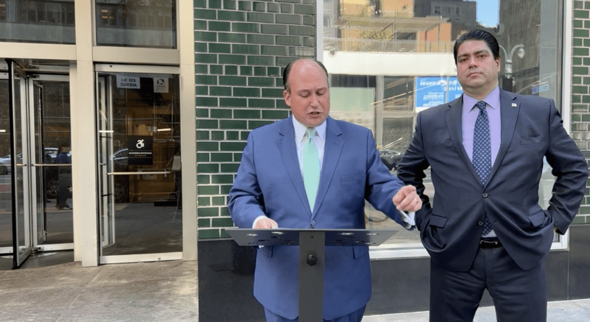 New York State GOP Chairman Nick Langworthy (L), speaks in front of the Office of the Governor of the State of New York. (via Facebook)
