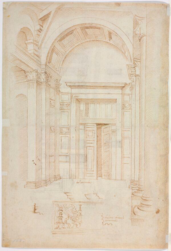 View into the pronaos (Entrance Portico) of the Pantheon with various details (verso), circa 1506–7, by Raphael. Pen and ink over some stylus indentation and limited use of a ruler; 10 7/8 inches by 16 inches. Cabinet of Drawings and Prints, The Uffizi Gallery, Florence, Italy.