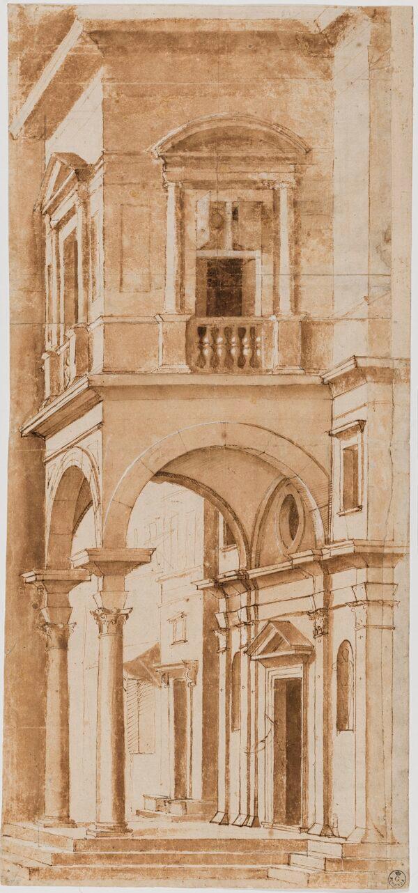 Design for the right-hand wing of a stage set, 1519, by Raphael. Pen and ink with brown wash and white heightening on three pieces of paper, joined, over extensive stylus indentation preparation, with use of ruler and compass; 24 5/8 inches by 11 3/8 inches. Gabinetto dei Disegni e delle Stampe, Gallerie degli Uffizi, Florence, Italy. (Gabinetto Fotografico delle Gallerie degli Uffizi)