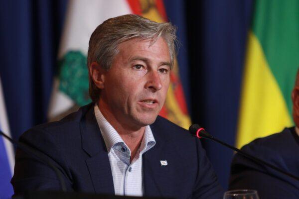 Nova Scotia Premier Tim Houston responds to a question from the media on the final day of the summer meeting of the Canada's Premiers at the Fairmont Empress in Victoria, B.C., on July 12, 2022. (The Canadian Press/Chad Hipolito)