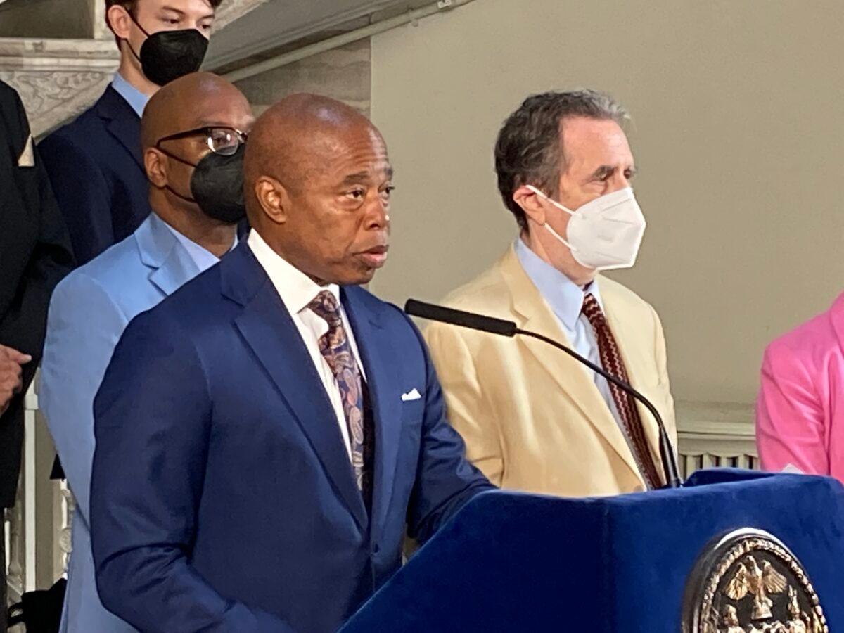 Mayor Eric Adams speaking on the New York homeless situation at City Hall on July 19, 2022 (David Wagner/The Epoch Times)