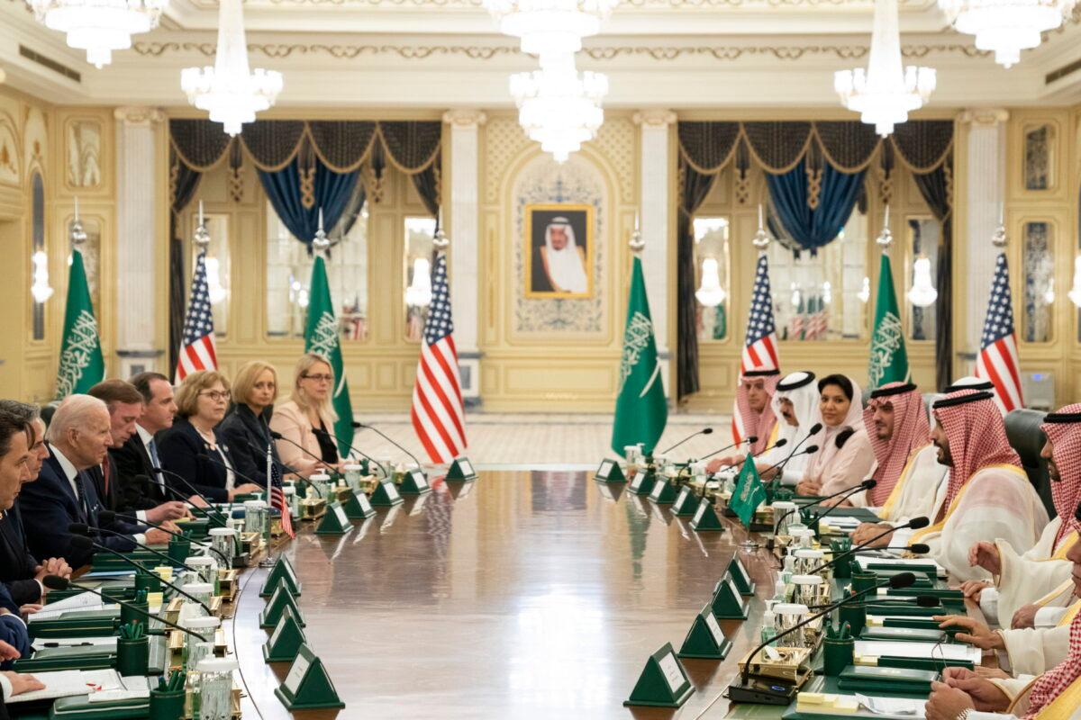 President Joe Biden participates in a working session with Saudi Crown Prince Mohammed bin Salman at the Al Salman Royal Palace in Jeddah, Saudi Arabia, on July 15, 2022. (Evan Vucci/AP Photo)