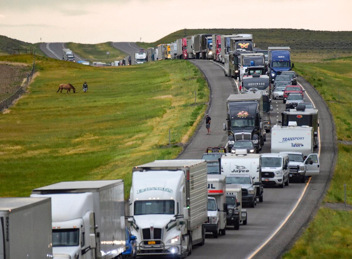 Traffic is backed up on Interstate 90 after a fatal pileup where at least 20 vehicles crashed near Hardin, Mont., on July 15, 2022. (Amy Lynn Nelson/The Billings Gazette via AP)
