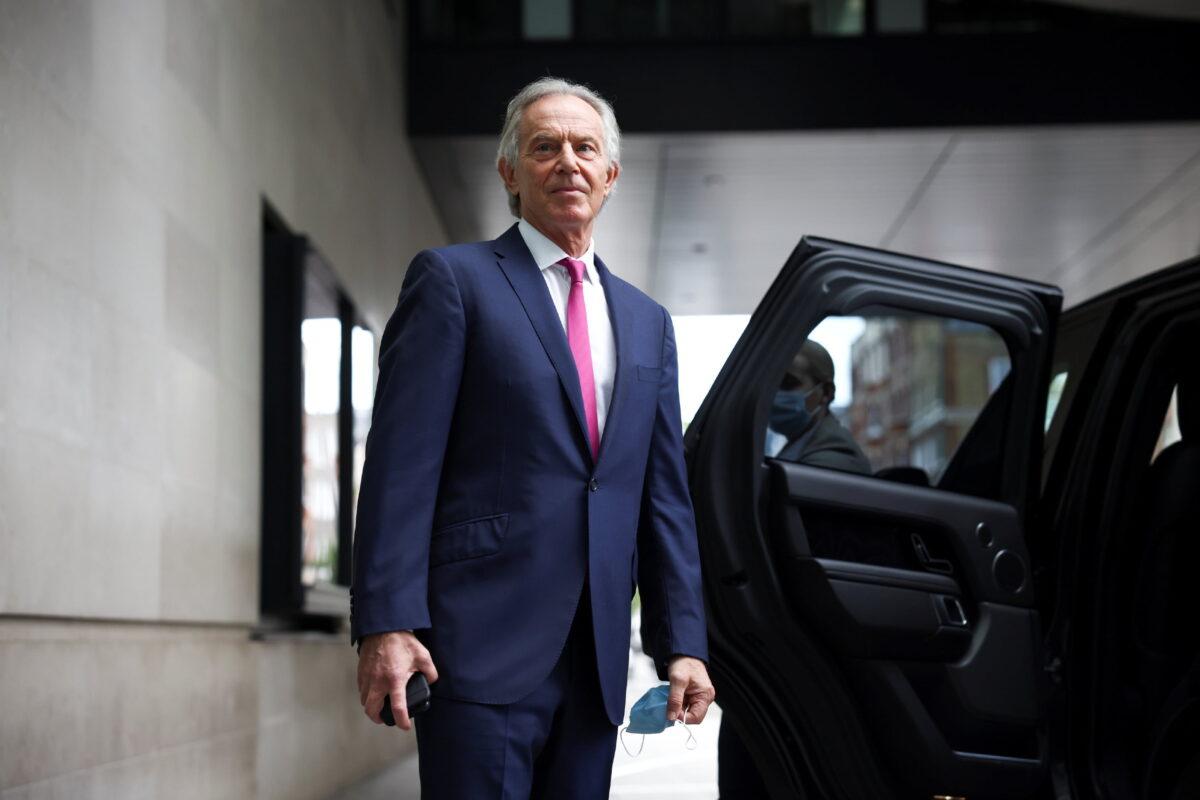 Former British Prime Minister Sir Tony Blair leaves the BBC headquarters after appearing on the "Andrew Marr Show," in London, on June 6, 2021. (Henry Nicholls/Reuters)