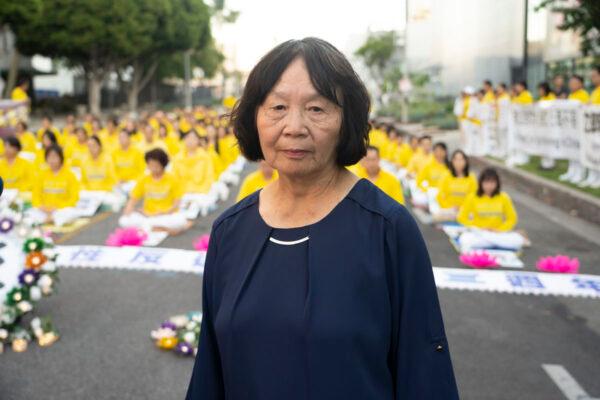 Helen Lee, spokesperson for The Global Service Center for Quitting the Chinese Communist Party in Los Angeles, attends a vigil in front of the Chinese consulate in Los Angeles on July 18, 2022. (Debora Cheng/The Epoch Times)