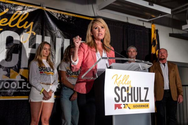 Maryland gubernatorial candidate Kelly Schulz speaks to supporters at a rally in Annapolis, Md., on July 19, 2022. (Tasos Katopodis/Getty Images)