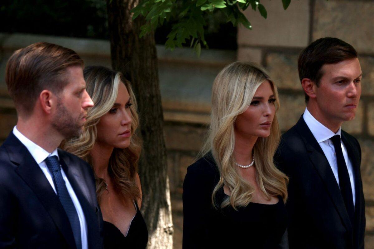 (L-R) Eric Trump, Lara Trump, Ivanka Trump, and Jared Kushner arrive for the funeral services of Ivana Trump in New York on July 20, 2022. (Yuki Iwamura/AFP via Getty Images)