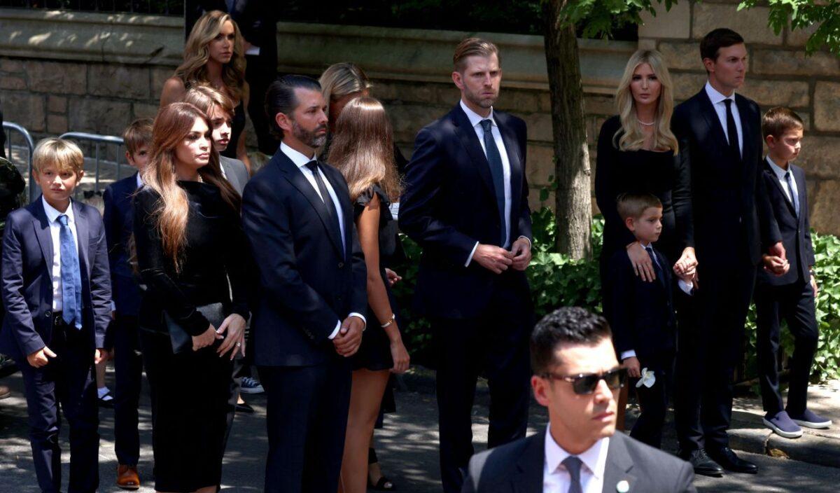 (L-R) Kimberly Guilfoyle, Donald Trump Jr, Eric Trump, Ivanka Trump and Jared Kushner arrive for the funeral services of Ivana Trump in New York, on July 20, 2022. (Yuki Iwamura/AFP via Getty Images)