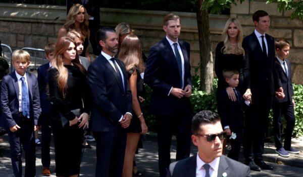 (L-R) Kimberly Guilfoyle, Donald Trump Jr, Eric Trump, Ivanka Trump, and Jared Kushner arrive for the funeral services of Ivana Trump in New York, on July 20, 2022. (Yuki Iwamura/AFP via Getty Images)