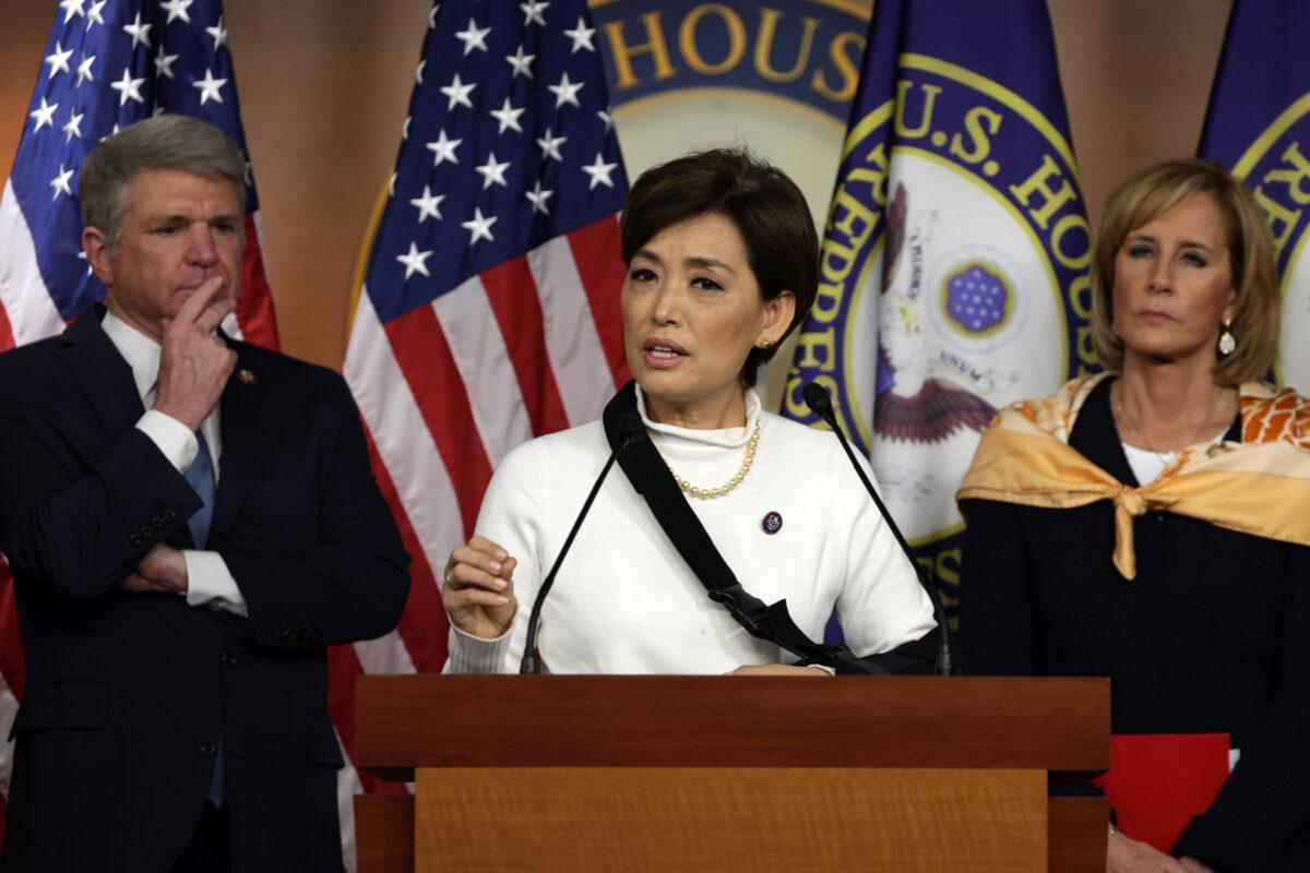 Rep. Young Kim (R-Calif.) (2nd L) speaks as (L-R) Reps. Michael McCaul (R-Texas) and Claudia Tenney (R-N.Y.) listen during a news conference at the U.S. Capitol in Washington, on Feb. 2, 2022. (Alex Wong/Getty Images)