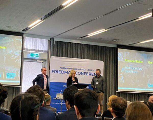 Former Liberal senator Amanda Stoker (centre) speaks at the Friedman conference at the University of Technology Sydney, Sydney, on July 15, 2022. (Nina Nguyen/Epoch Times)