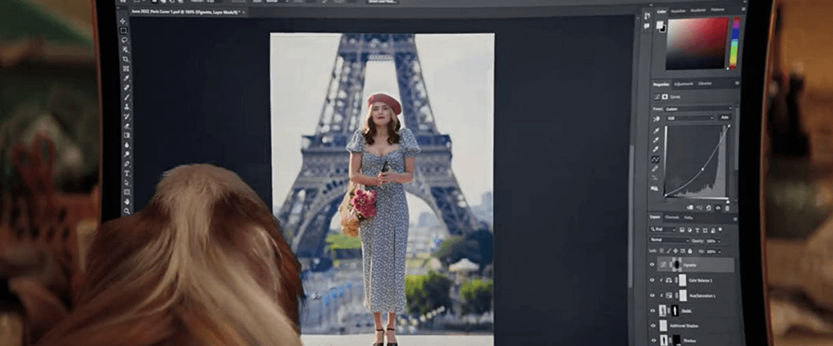 Danni Sanders (Zoey Deutch) photoshops herself in front of the Eiffel Tower, hoping people will like it a lot, in "Not Okay." (Nicole Rivelli/Searchlight Pictures)