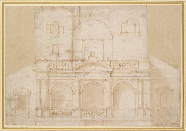 Elevation drawing of a villa project (recto), circa 1516, by Raphael; 9 7/8 inches by 14 1/4 inches. Presented by a body of subscribers, 1846; Ashmolean Museum, University of Oxford. (Ashmolean Museum, University of Oxford)