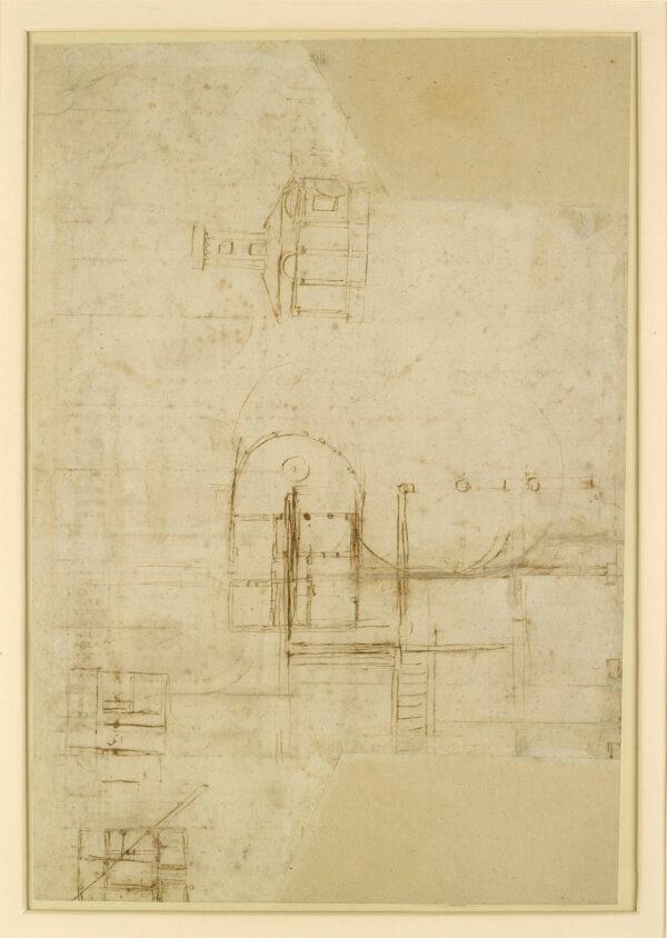 Four plans and an elevation study for a villa (verso), circa 1516, by Raphael. Pen and brown ink with dilute wash over extensive construction lines indented in stylus and compass points; 9 7/8 inches by 14 1/4 inches. Presented by a body of subscribers, 1846; Ashmolean Museum, University of Oxford. (Ashmolean Museum, University of Oxford)