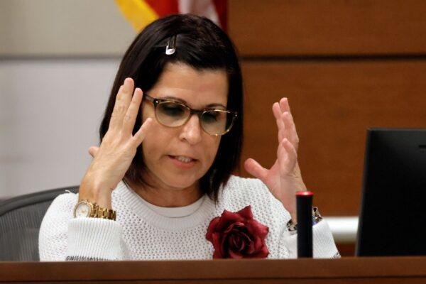 Marjory Stoneman Douglas High School teacher Ronit Reoven describes the carnage in her classroom during Marjory Stoneman Douglas High School shooter Nikolas Cruz is being tried in the penalty phase of his trial at the Broward County Courthouse in Fort Lauderdale on July 20, 2022. (Mike Stocker/South Florida Sun Sentinel via AP, Pool)