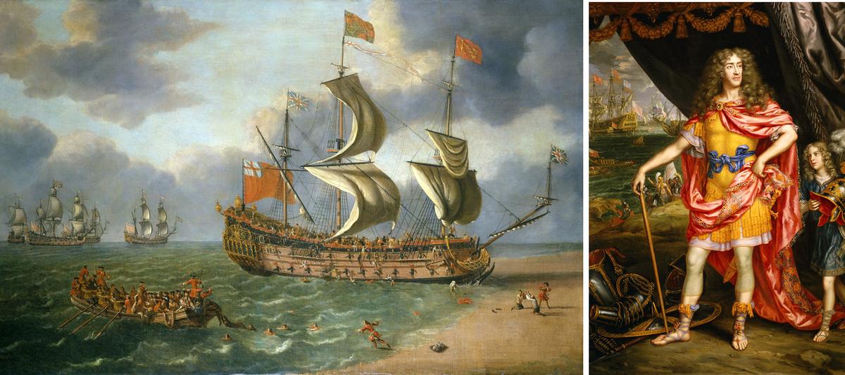 (Left) "The Wreck of the Gloucester off Yarmouth, 6 May 1682," by Johan Danckerts, 1682. (<a href="https://commons.wikimedia.org/wiki/File:The_Wreck_of_the_%27Gloucester%27_off_Yarmouth,_6_May_1682_RMG_BHC3369.tiff">Public Domain-US</a>); (Right) James, Duke of York (1633-1701), by Henri Gascar, 1672–3. (<a href="https://commons.wikimedia.org/wiki/File:Henri_Gascars_(1634-1701)_-_James,_Duke_of_York_(1633%E2%80%931701)_-_BHC2797_-_Royal_Museums_Greenwich.jpg">Public Domain-US</a>)