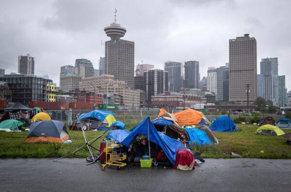 A homeless camp on Port of Vancouver property adjacent to Crab Park, in Vancouver on June 10, 2020. (The Canadian Press/Darryl Dyck)