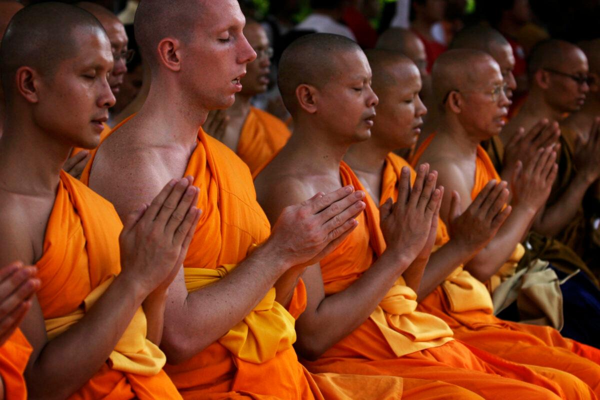 Buddhist monks meditate at Mendut Temple on Vesak Day, commonly known as "Buddha's birthday," at the Borobudur Mahayana Buddhist monument on May 09, 2009 in Magelang, Central Java, Indonesia. (Ulet Ifansasti/Getty Images)