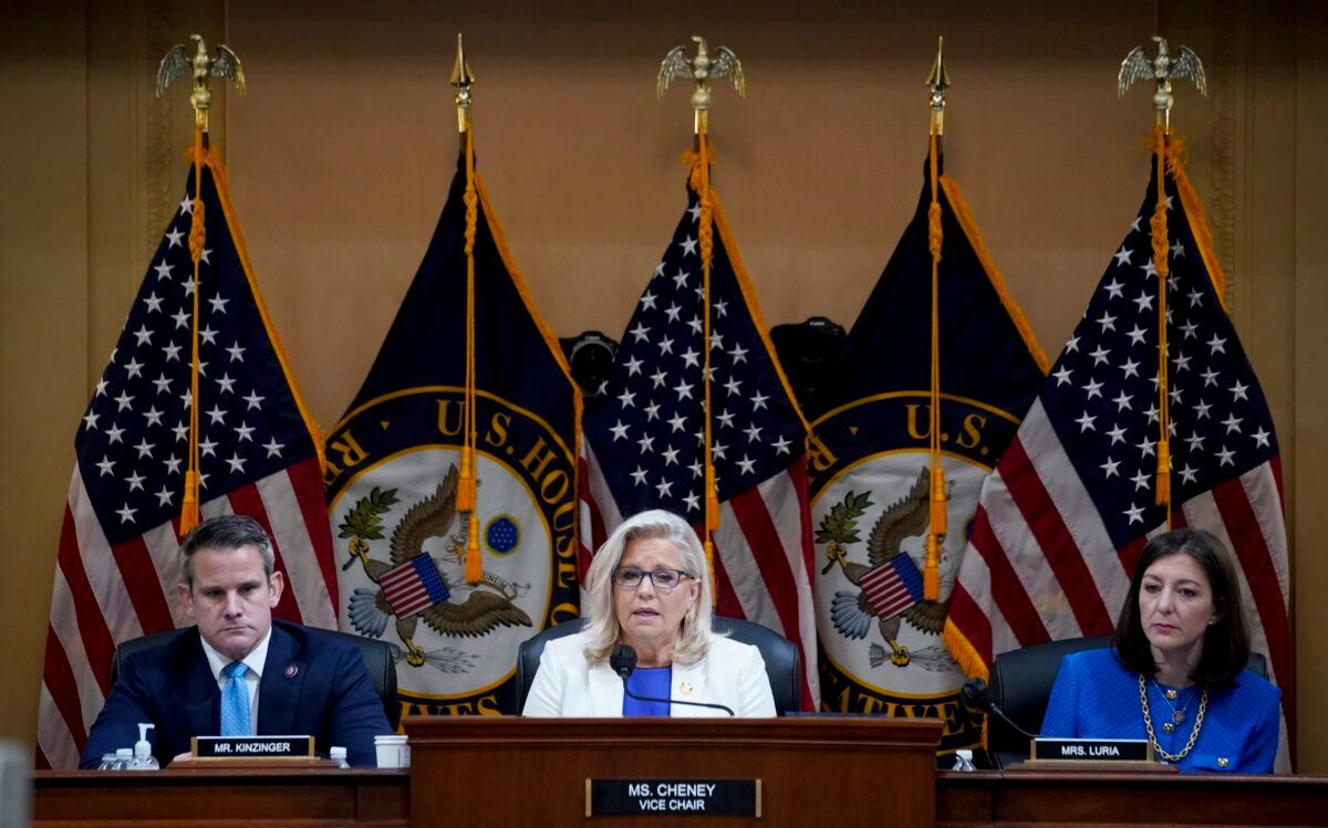 Rep. Liz Cheney (R-Wyo.) (C) speaks during a January 6 committee hearing in Washington on July 21, 2022. (Al Drago/Pool/Getty Images)