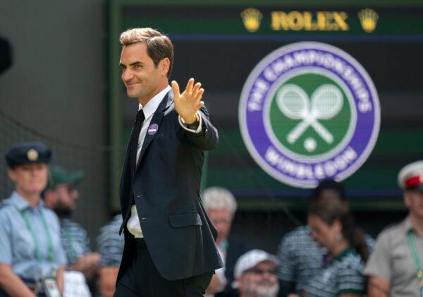 Roger Federer at a celebration organized by Wimbledon at All England Lawn Tennis and Croquet Club in London, on July 3, 2022. (Susan Mullane/USA TODAY Sports via Reuters)