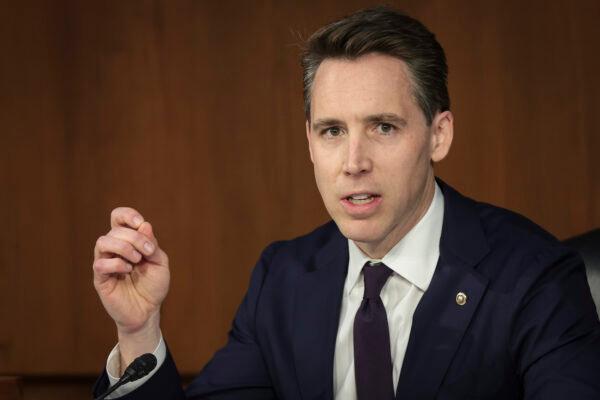 Sen. Josh Hawley (R-Mo.) speaks during a Senate Judiciary Committee business meeting on Capitol Hill in Washington, on April 4, 2022. (Win McNamee/Getty Images)