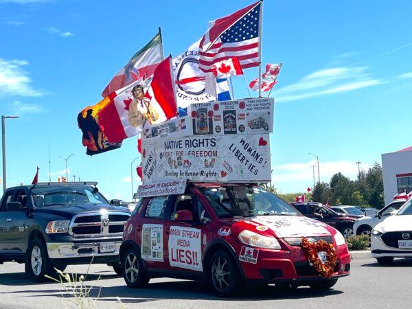 Vehicles gather in the Kanata suburb of Ottawa to participate in a convoy protest in solidarity with Dutch farmers demonstrating against climate change policies, on July 23, 2022. (Annie Wu/The Epoch Times)