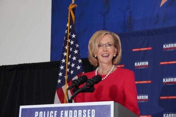Republican candidate for governor Karrin Taylor Robson is trailing just five percentage points behind her closet rival, former Fox 10 anchor Kari Lake, in the Arizona primary on Aug. 2, 2022. (Allan Stein/The Epoch Times)