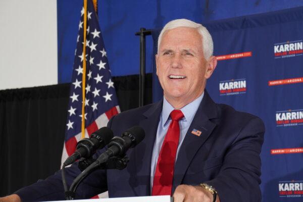 Former Vice President Mike Pence addressed hundreds of supporters of Arizona gubernatorial candidate Karrin Taylor Robson at an event in Peoria, Ariz., on July 22, 2022. Pence has endorsed Robson, a Republican, for governor in the Arizona primary on Aug. 2. (Allan Stein/The Epoch Times)