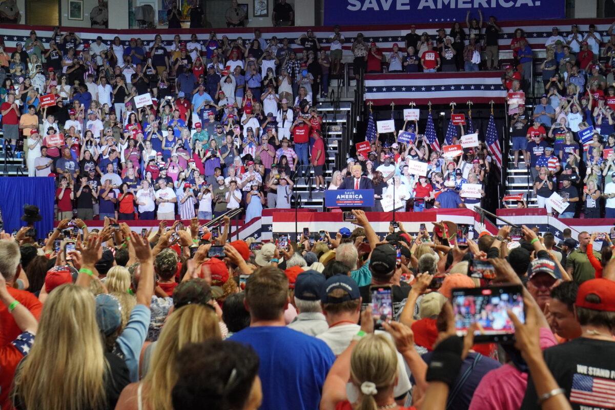 Former President Donald Trump addresses thousands of MAGA supporters at a rally in Prescott Valley, Ariz., on July 22, 2022. (Allan Stein/The Epoch Times)