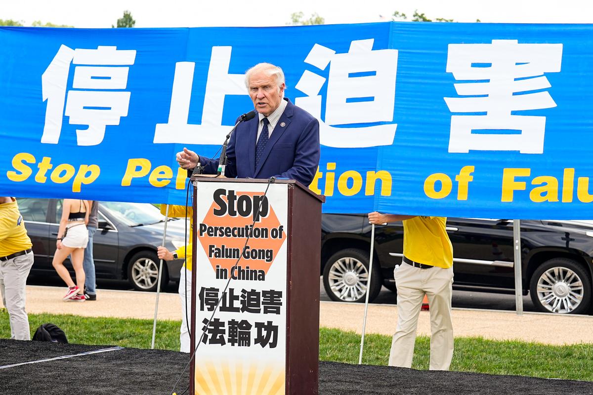 Rep. Steve Chabot (R-Ohio) speaks at a rally to commemorate the 23rd anniversary of the launch of the Chinese regime's persecution of spiritual group Falun Gong, held on the National Mall in Washington on July 21, 2022. (Larry Dye/The Epoch Times)