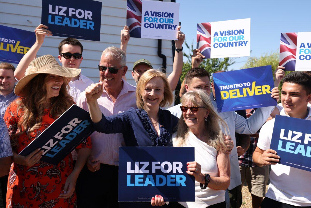 Conservative leadership contender, Foreign Secretary Liz Truss, speaks to supporters during a visit to Ashley House, Marden, Kent, on July 23, 2022. (James Manning/PA Media)