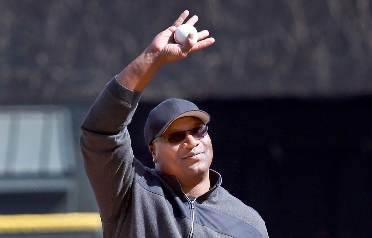 Former Chicago White Sox great Bo Jackson waves to the crowd before throwing the ceremonial first pitch before the White Sox and Kansas City Royals season opening baseball game in Chicago on April 1, 2013. (Charles Rex Arbogast/AP Photo)