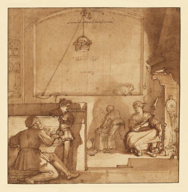 “Taddeo in the House of Giovanni Piero Calabrese,” circa 1595, by Federico Zuccaro. Pen and brown ink, and brush with brown wash over black chalk; 10 13/16 inches by 10 1/2 inches. Getty Museum. (Getty Museum)