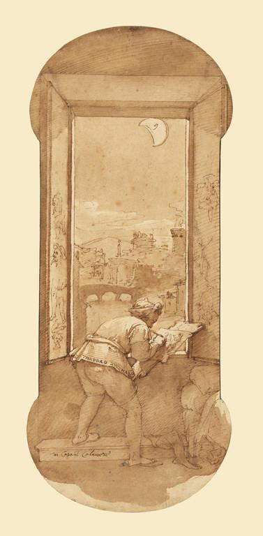 “Taddeo Drawing by Moonlight in Calabrese’s House,” circa 1595, by Federico Zuccaro. Pen and brown ink, and brush with brown wash over black chalk; 16 9/16 inches by 6 15/16 inches. Getty Museum. (Getty Museum)
