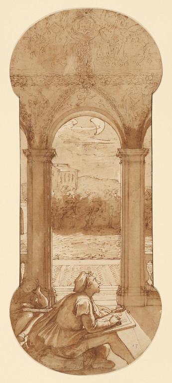 “Taddeo Copying Raphael’s Frescoes in the Loggia of the Villa Farnesina,” circa 1595, by Federico Zuccaro. Pen and brown ink, and brush with brown wash over black chalk and touches of red chalk; 16 11/16 inches by 6 7/8 inches. Getty Museum. (Getty Museum)